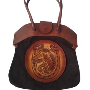 Vintage Tooled Leather + Suede Horse Horseshoe Purse Bag